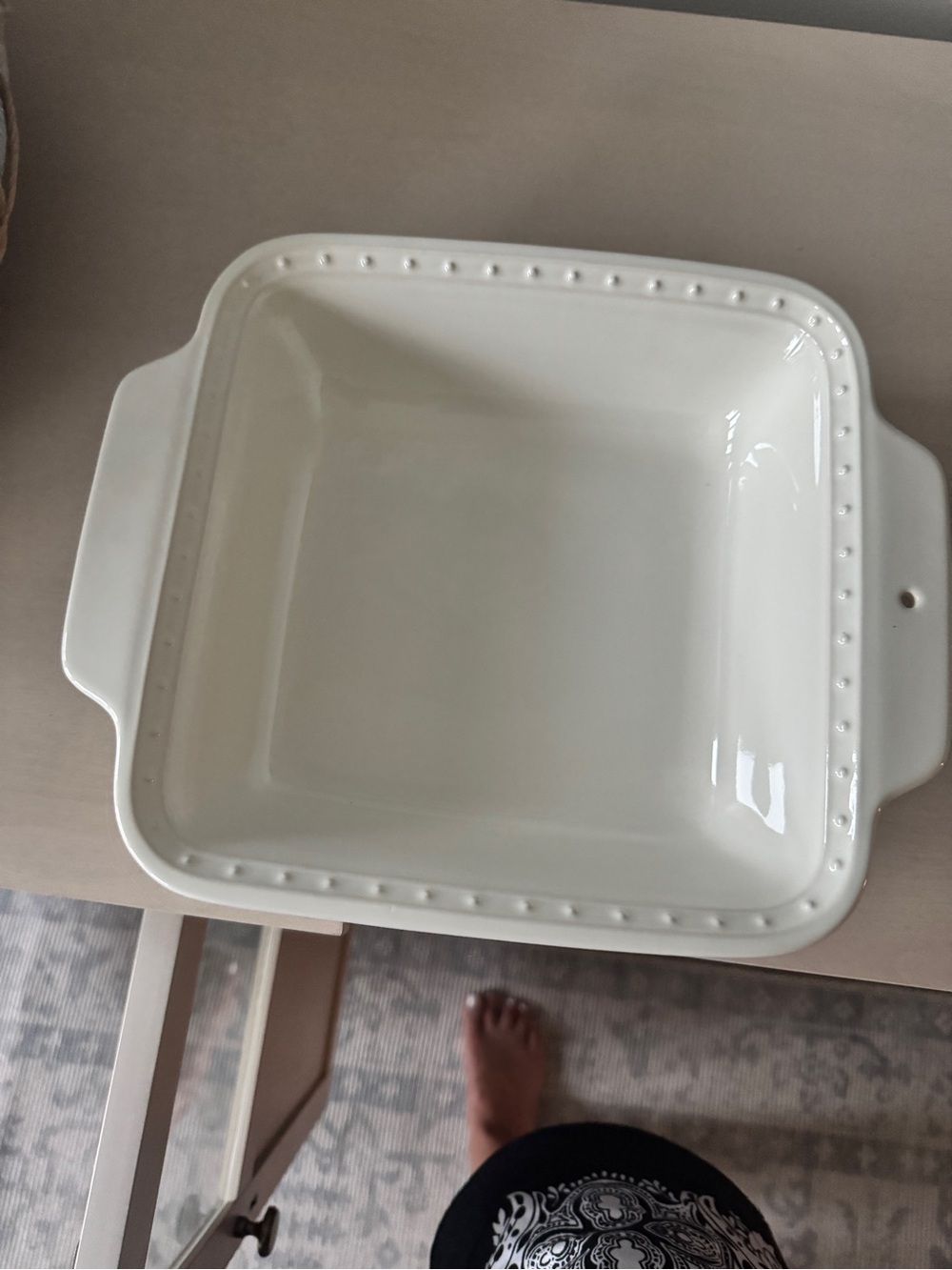Nora Fleming Cream Square Ceramic Baking Dish with Beaded Rim